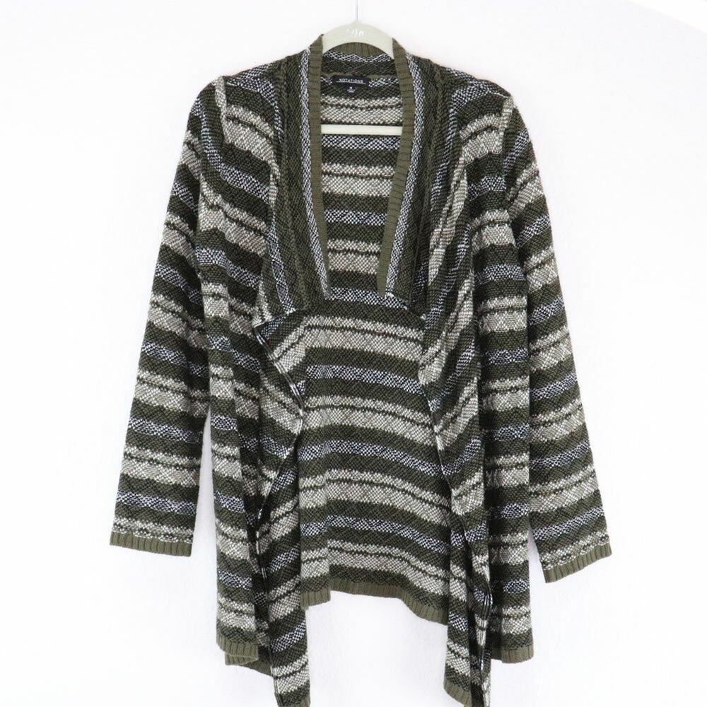 Notations Cardigan Sweater Women Medium Brown Striped Waterfall Open Front